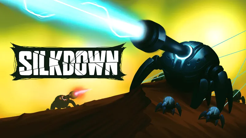 The Silkdown logo beside a mechanical spider firing a beam weapon from a ridge, with smaller spiders below