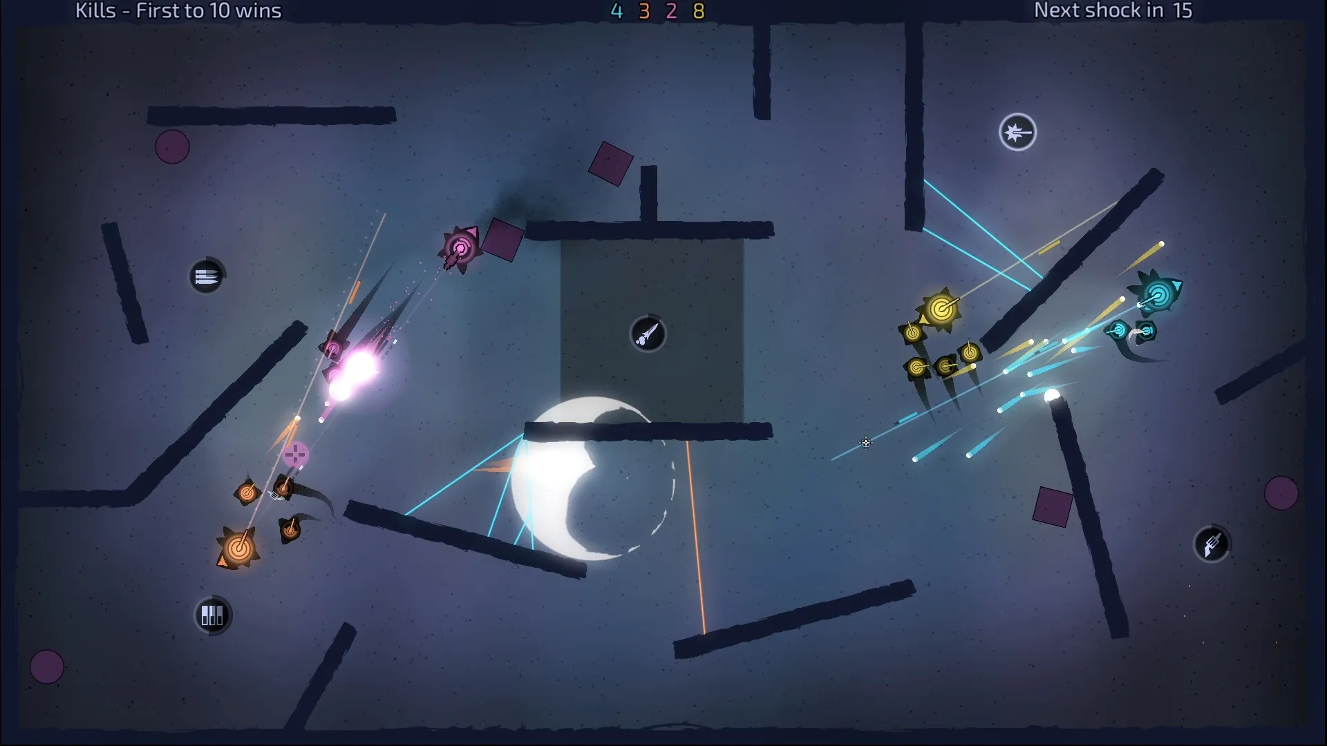 Two separate skirmishes break out across a moonlit arena, one lit by a bright muzzle flash